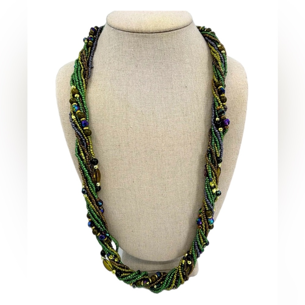 Necklace Bohemian Style in Green, Blue, Purple Glass and Acrylic EUC